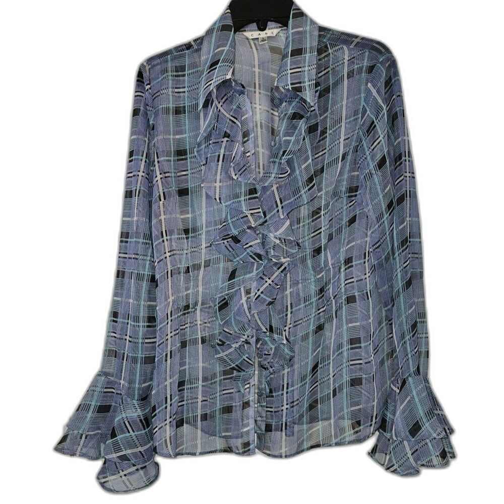 CAbi Penelope Sheer Plaid Ruffle Long Sleeve Blouse Large 811 Vintage